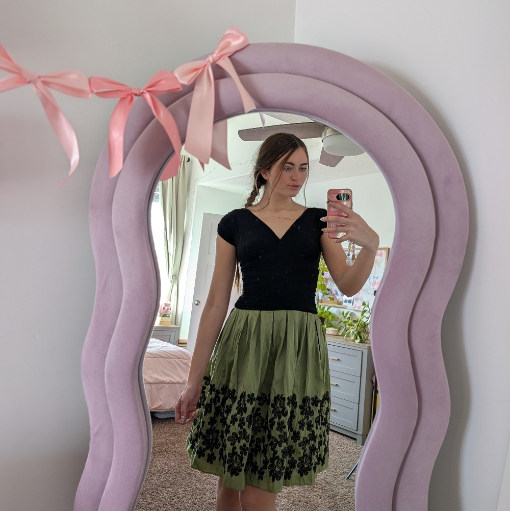 Y2K Black Top Olive Green Skirt Floral Embroidered Midi Dress Size 4